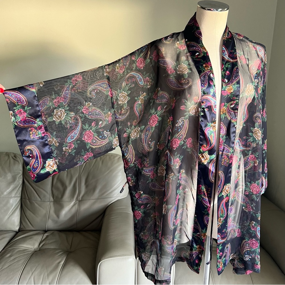 Vintage Victoria’s Secret Gold Label Robe Kimono Floral Paisley Blue Red OS Chic - Picture 3 of 16